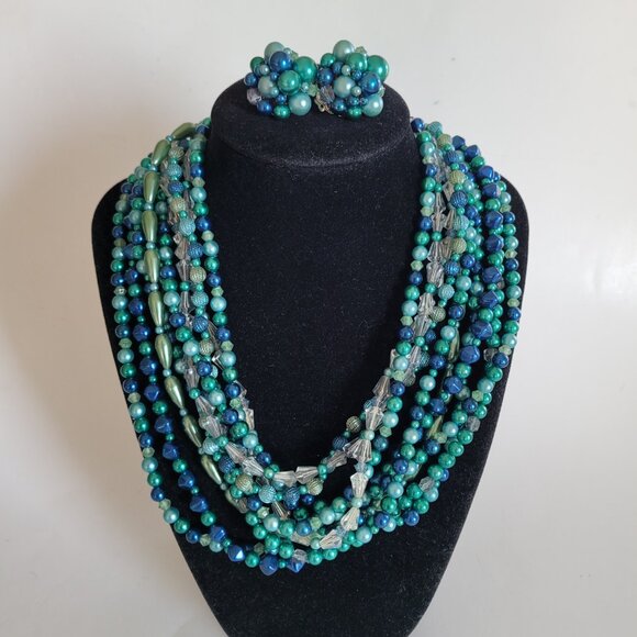 Japan Vintage Plastic Bead Multi Strand Necklace Cluster Earrings Set Blue Green - Picture 2 of 8